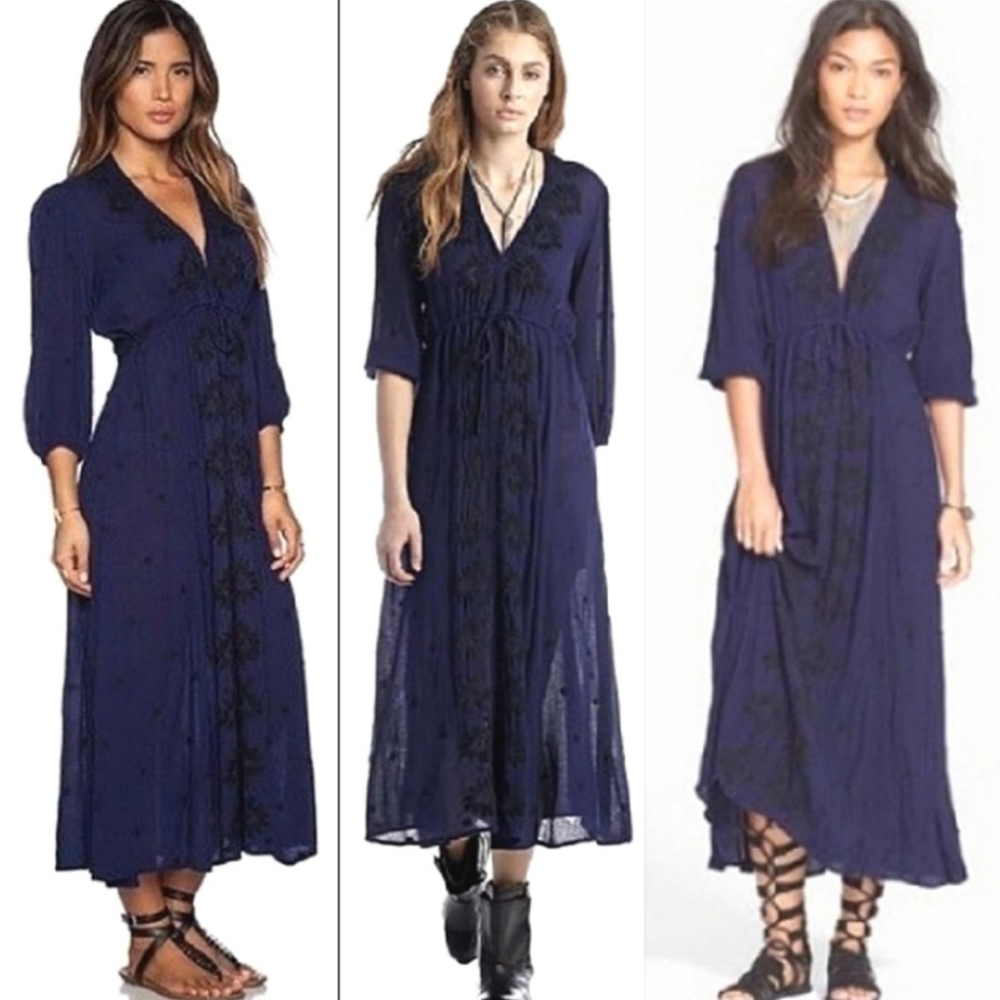 Free People Fable Embroidered Navy Maxi Dress XS